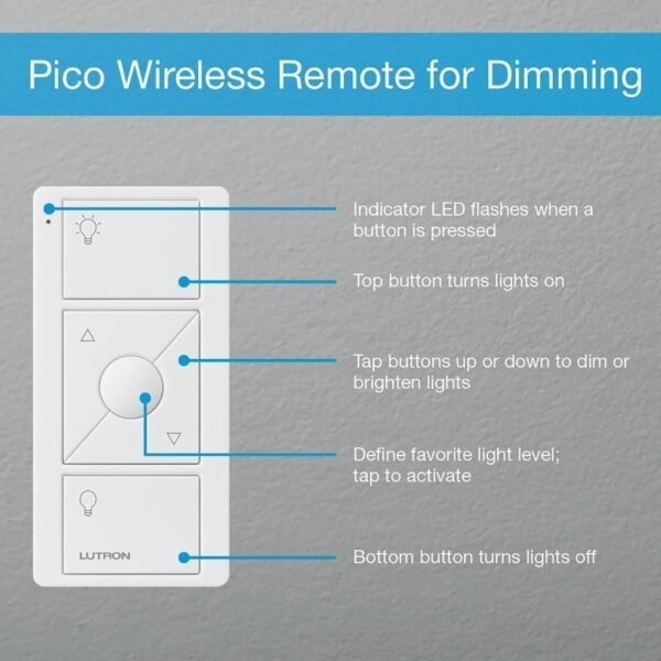 61FxmHdkL._AC_SL1000_.jpg Lutron Pico Remote for Caseta Smart Dimmer Switch, 3-Button Control with Raise/Lower and Preset Lighting Level, For Table Top or Wallmount Use, PJ2-3BRL-WH-L01R, White