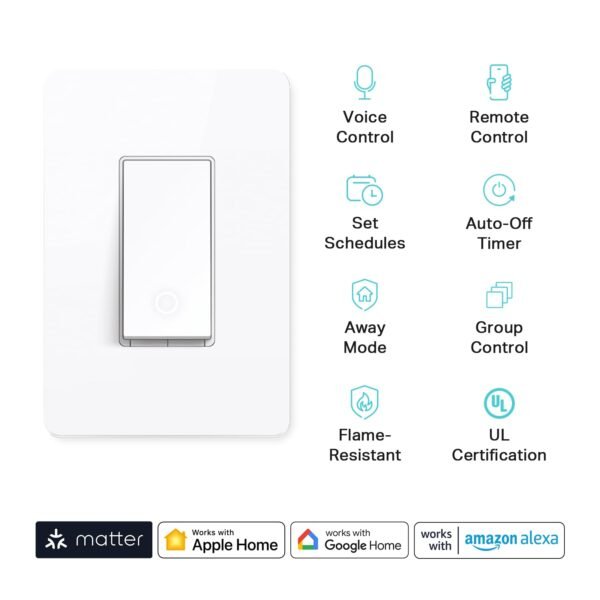 61BpNJsGKhL._SL1500_.jpg Kasa Matter Smart Light Switch: Voice Control w/Siri, Alexa & Google Assistant, UL Certified, Timer & Schedule, Easy Guided Install, Neutral Wire Required, Single Pole, 2.4GHz Wi-Fi, 3-Pack