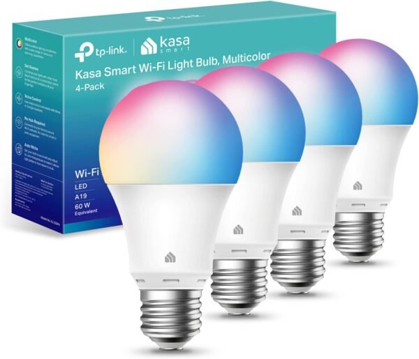 61Y-TtwpVIL._AC_SL1500_.jpg Kasa Smart Light Bulbs, Full Color Changing Dimmable Smart WiFi Bulbs Compatible with Alexa and Google Home, A19, 9W 800 Lumens,2.4Ghz only, No Hub Required, 4 Count (Pack of 1), Multicolor (KL125P4)