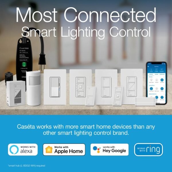 61mn35LHoML._SL1000_.jpg Lutron Caseta Smart Lighting Kit w/ Lamp Dimmer and Pico Remote, for 2 Floor and Table Lamps, Works w/ Alexa, Apple Homekit, Google Home (Hub Required), 100W Single-Pole/3-Way, P-PKG1P-WH