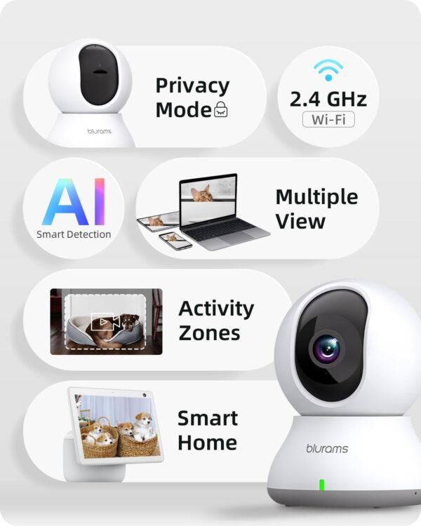 61snEpx0WAL._AC_SL1500_.jpg blurams Indoor Camera 2K, Cameras for Home Security 5GHz, 360° Pet Camera w/Motion Tracking, Phone App, 2-Way Audio, IR Night Vision, Siren, Works with Alexa & Google Assistant