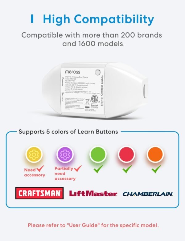 61sthRNHl4L._AC_SL1500_.jpg meross Smart Garage Door Opener Remote, Compatible with Apple HomeKit, Amazon Alexa, Google Assistant, SmartThings, Multiple Notification Modes, No Hub Needed