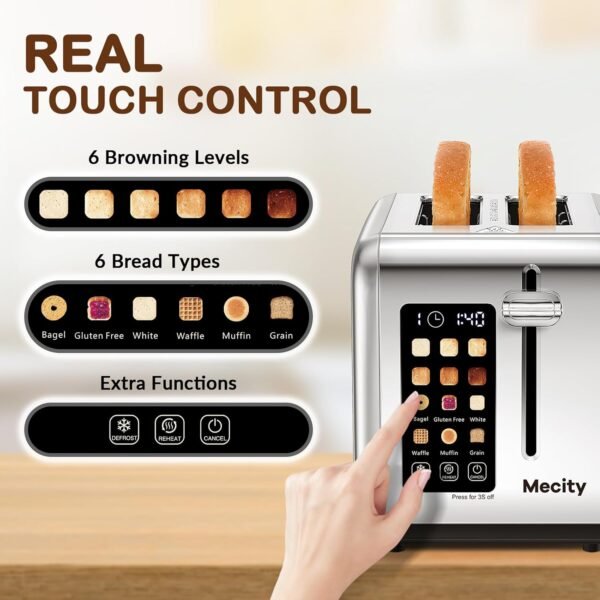 7100fhDlxjL._AC_SL1500_.jpg Mecity 2 Slice Toaster Touch Screen 1.5" Wide Slot, Stainless Steel Smart Bread Toaster for Bagel Muffin Waffle Gluten Free Breads, Timer, Defrost, Reheat, 120V 825W