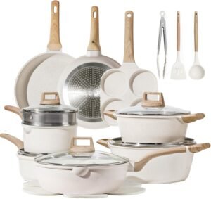 711JrV49tmL._AC_SL1500_.jpg CAROTE 21Pcs Pots and Pans Set, Nonstick Cookware Sets, White Granite Induction Cookware Non Stick Cooking Set w/Frying Pans & Saucepans(PFOS, PFOA Free)