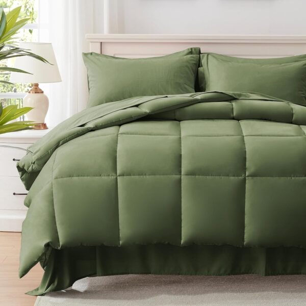 713dQY60DcL._AC_SL1500_.jpg Full/Queen Comforter Set 7 Piece, Olive Green Bed in a Bag with Sheets, Comforters Queen Size Bedding Sets with Comforter, 2 Pillow Shams, 2 Pillowcases, 1 Flat Sheet,1 Fitted Sheet with Pockets
