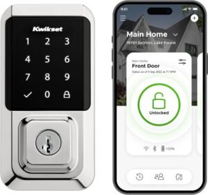 715JaZYJ53L._AC_SL1500_.jpg Kwikset Halo Wi-Fi Smart Lock, Keyless Entry Door Deadbolt, Geofence Auto-Unlock, Grade AAA Certified, No Hub Easy Install, Polished Chrome Lifetime Finish Warranty, Touchscreen