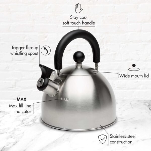 717KGhCJ2eL._AC_SL1500_.jpg Primula Stewart Whistling Stovetop Tea Kettle Food Grade Stainless Steel, Hot Water Fast to Boil, Cool Touch Folding, 1.5-Quart, Brushed with Black Handle
