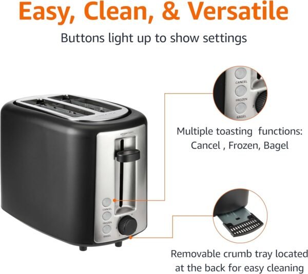 71Aow1nHVzL._AC_SL1500_.jpg Amazon Basics 2 Slice Toaster, With 6 Browning Settings, Extra Wide Slots For Bagels and Special Breads, Removable Easy-to-Clean Crumb Tray, Cancel/Defrost/Bagel Buttons, 900W, Black & Silver