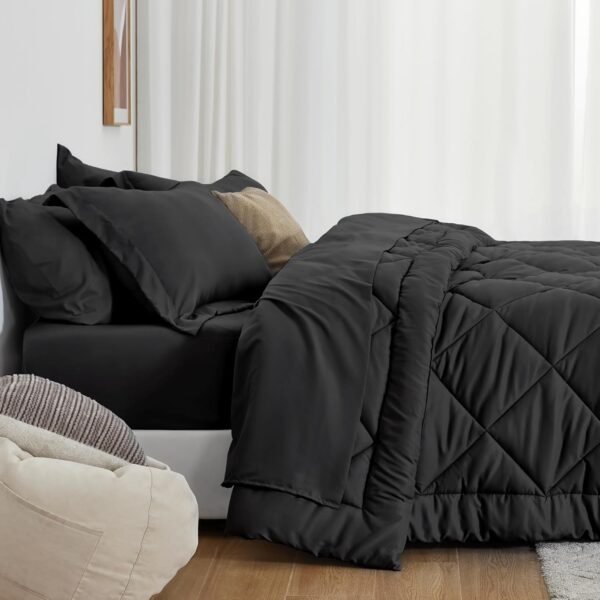 71BbeZTQYoL._AC_SL1500_.jpg Love's cabin Twin Comforter Set Black, 5 Pieces Twin Bed in a Bag, All Season Twin Bedding Sets with 1 Comforter, 1 Flat Sheet, 1 Fitted Sheet, 1 Pillowcase and 1 Pillow Sham