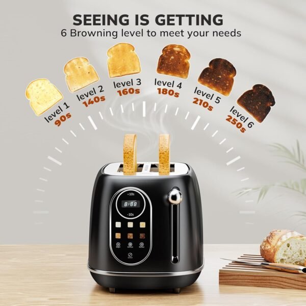 71ENz6B8zrL._AC_SL1500_.jpg Keenstone Smart Touch Screen Toaster 2 Slice, Retro Wide Slot Stainless Steel Toaster with 6 Browning Levels, Reheat & Defrost, for Bagel, Toast, Bread, Removable Crumb Tray, Black