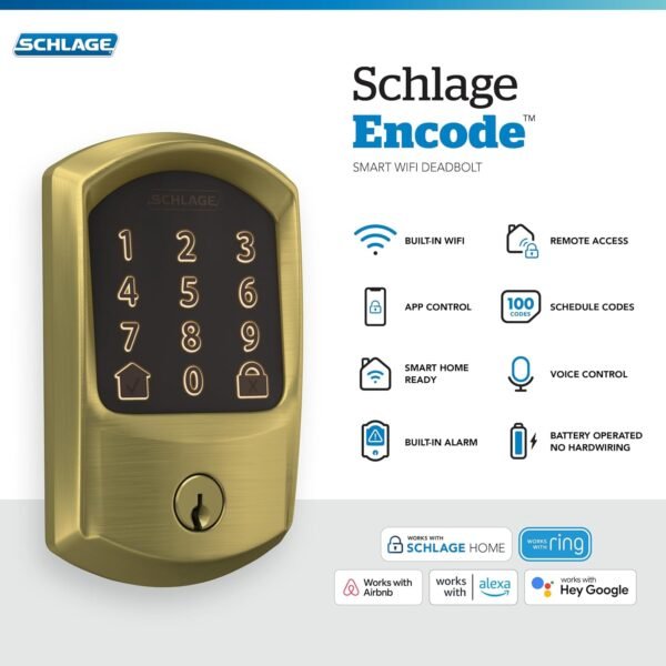 Schlage Encode Smart WiFi Deadbolt Lock for Front Door - Keyless Entry with App or Touchscreen - Works with Alexa, Apple HomeKit, Hey Google, & Airbnb - Create Codes for Guests - Satin Brass Gold