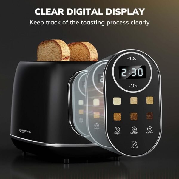 71FGSRcv94L._AC_SL1500_.jpg Keenstone Smart Touch Screen Toaster 2 Slice, Retro Wide Slot Stainless Steel Toaster with 6 Browning Levels, Reheat & Defrost, for Bagel, Toast, Bread, Removable Crumb Tray, Black