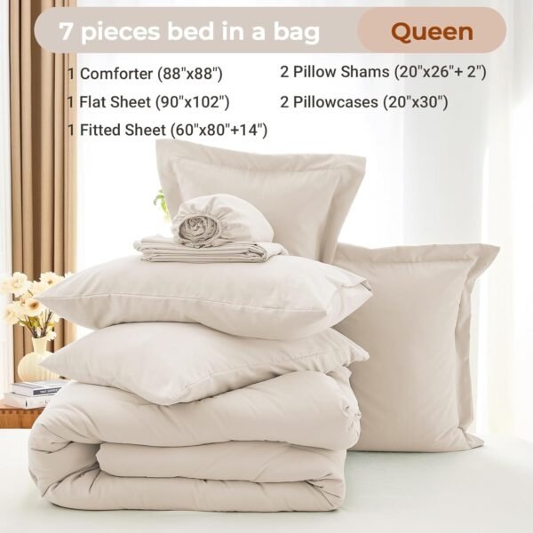 71FaWE32qYL._AC_SL1500_.jpg MUXHOMO 7 Pieces Queen Comforter Set, Soft Bed in a Bag Queen Size, All Season Bedding Set with Comforter, Flat Sheet, Fitted Sheet, Pillowcases & Shams, Beige