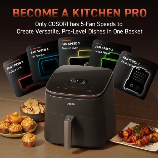 71H8lbTFBdL._AC_SL1500_.jpg COSORI Air Fryer 9-in-1, Compact & Large 6-Qt, Fast Turbo Modes, 90°–450°F Even Results With Precise Temperature Control, Up to 95% Less Oil*, Roast, Bake, Dry, Reheat, Frozen, Broil, Proof, Grey