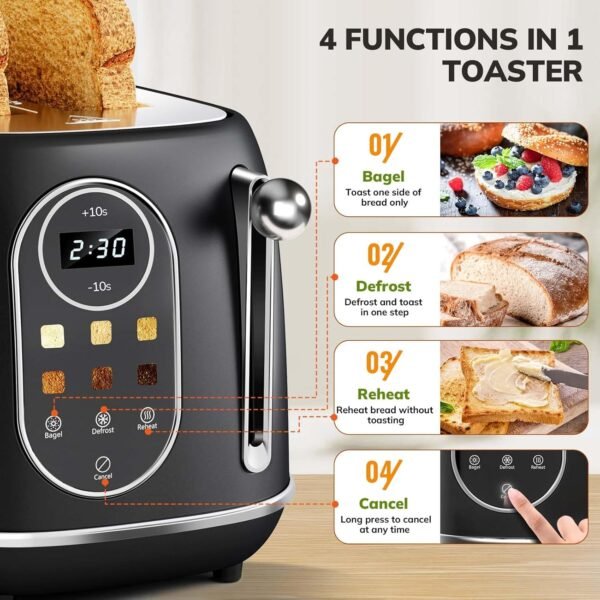 71Leg5HGQHL._AC_SL1500_.jpg Keenstone Smart Touch Screen Toaster 2 Slice, Retro Wide Slot Stainless Steel Toaster with 6 Browning Levels, Reheat & Defrost, for Bagel, Toast, Bread, Removable Crumb Tray, Black