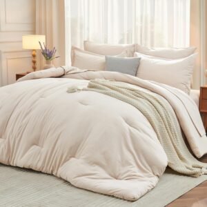71LmKW1KMBL._AC_SL1500_.jpg MUXHOMO 7 Pieces Queen Comforter Set, Soft Bed in a Bag Queen Size, All Season Bedding Set with Comforter, Flat Sheet, Fitted Sheet, Pillowcases & Shams, Beige