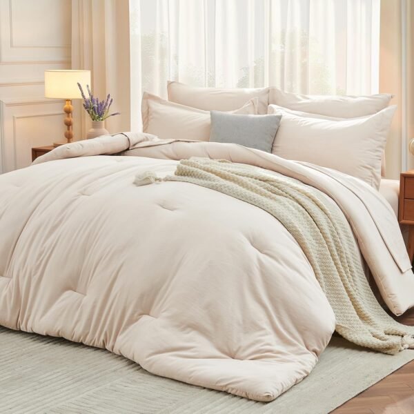 71LmKW1KMBL._AC_SL1500_.jpg MUXHOMO 7 Pieces Queen Comforter Set, Soft Bed in a Bag Queen Size, All Season Bedding Set with Comforter, Flat Sheet, Fitted Sheet, Pillowcases & Shams, Beige