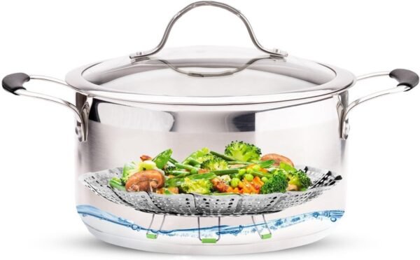 71Mm4MhuPVL._AC_SL1500_.jpg Consevisen Vegetable Steamer Basket for Cooking Food, Stainless Steel Veggie Steam Basket for Pot, Folding Expandable Steaming Insert with Extendable Handle Fits Various Size Pot, 5.1" to 9"