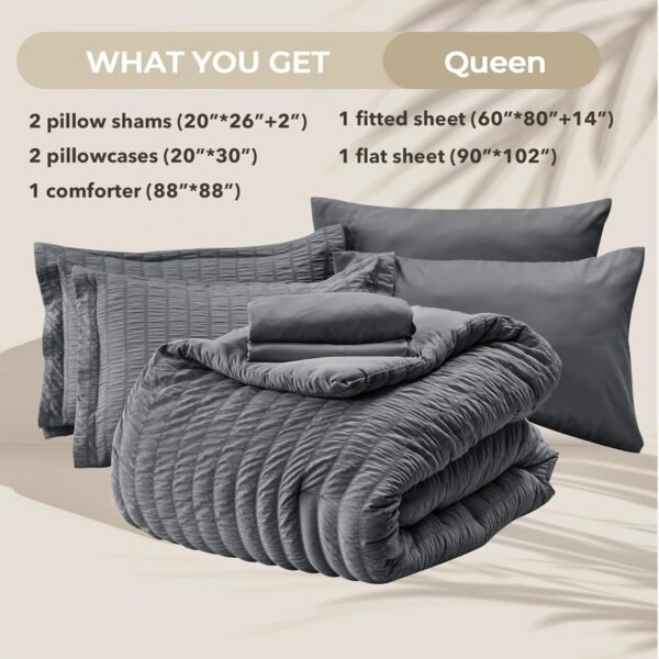 71PkrGVsdNL._AC_SL1500_.jpg HYMOKEGE Queen Comforter Set Seersucker 7 Pieces, All Season Luxury Bed in a Bag for Bedroom, Bedding Set with Comforters, Sheets, Pillowcases & Shams, Dark Grey