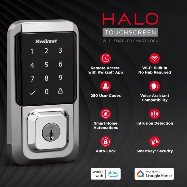 71YJNUlDw6L._AC_SL1500_.jpg Kwikset Halo Wi-Fi Smart Lock, Keyless Entry Door Deadbolt, Geofence Auto-Unlock, Grade AAA Certified, No Hub Easy Install, Polished Chrome Lifetime Finish Warranty, Touchscreen