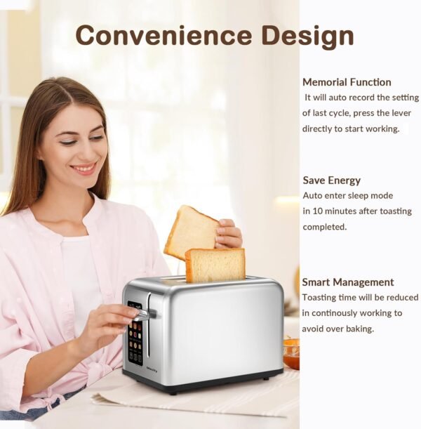 71YONWcHGzL._AC_SL1500_.jpg Mecity 2 Slice Toaster Touch Screen 1.5" Wide Slot, Stainless Steel Smart Bread Toaster for Bagel Muffin Waffle Gluten Free Breads, Timer, Defrost, Reheat, 120V 825W