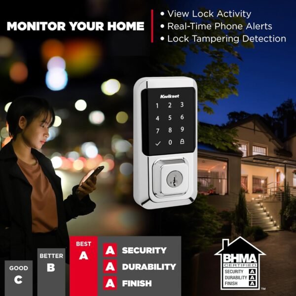 71Z4EWaJkAL._AC_SL1500_.jpg Kwikset Halo Wi-Fi Smart Lock, Keyless Entry Door Deadbolt, Geofence Auto-Unlock, Grade AAA Certified, No Hub Easy Install, Polished Chrome Lifetime Finish Warranty, Touchscreen