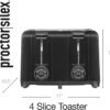 Proctor Silex 4 Slice Toaster with Extra Wide Slots for Bagels, Cool-Touch Walls, Shade Selector, Toast Boost, Auto Shut-off and Cancel Button, Black (24215PS)