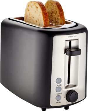 71cmt6zgFHL._AC_SL1500_.jpg Amazon Basics 2 Slice Toaster, With 6 Browning Settings, Extra Wide Slots For Bagels and Special Breads, Removable Easy-to-Clean Crumb Tray, Cancel/Defrost/Bagel Buttons, 900W, Black & Silver
