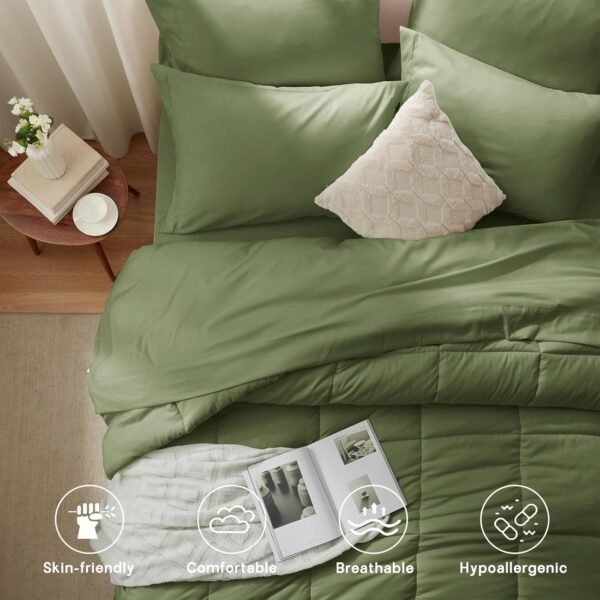 71fxCIyqwL._AC_SL1500_.jpg Full/Queen Comforter Set 7 Piece, Olive Green Bed in a Bag with Sheets, Comforters Queen Size Bedding Sets with Comforter, 2 Pillow Shams, 2 Pillowcases, 1 Flat Sheet,1 Fitted Sheet with Pockets