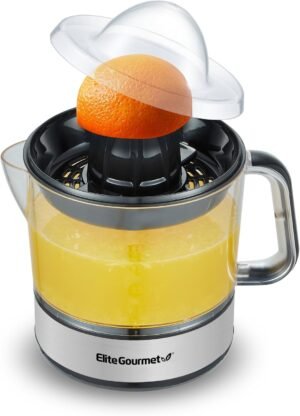 71hVI0QjpL._AC_SL1500_.jpg Elite Gourmet ETS623 BPA-Free Electric Citrus Juicer, Compact, Large Volume, Pulp Control, Oranges, Lemons, Limes, Grapefruits with Easy Pour Spout, 24oz, Black/Stainless Steel