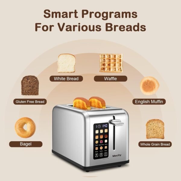 71jtmu4UjPL._AC_SL1500_.jpg Mecity 2 Slice Toaster Touch Screen 1.5" Wide Slot, Stainless Steel Smart Bread Toaster for Bagel Muffin Waffle Gluten Free Breads, Timer, Defrost, Reheat, 120V 825W