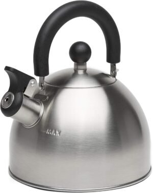71lFr2rBXuL._AC_SL1500_.jpg Primula Stewart Whistling Stovetop Tea Kettle Food Grade Stainless Steel, Hot Water Fast to Boil, Cool Touch Folding, 1.5-Quart, Brushed with Black Handle