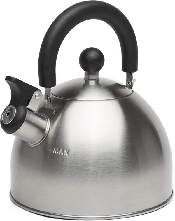 71lFr2rBXuL._AC_SL1500_.jpg Primula Stewart Whistling Stovetop Tea Kettle Food Grade Stainless Steel, Hot Water Fast to Boil, Cool Touch Folding, 1.5-Quart, Brushed with Black Handle