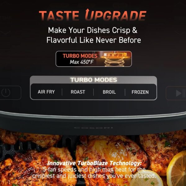 71pNNkwhwbL._AC_SL1500_.jpg COSORI Air Fryer 9-in-1, Compact & Large 6-Qt, Fast Turbo Modes, 90°–450°F Even Results With Precise Temperature Control, Up to 95% Less Oil*, Roast, Bake, Dry, Reheat, Frozen, Broil, Proof, Grey