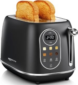 71r4Tw2srL._AC_SL1500_.jpg Keenstone Smart Touch Screen Toaster 2 Slice, Retro Wide Slot Stainless Steel Toaster with 6 Browning Levels, Reheat & Defrost, for Bagel, Toast, Bread, Removable Crumb Tray, Black