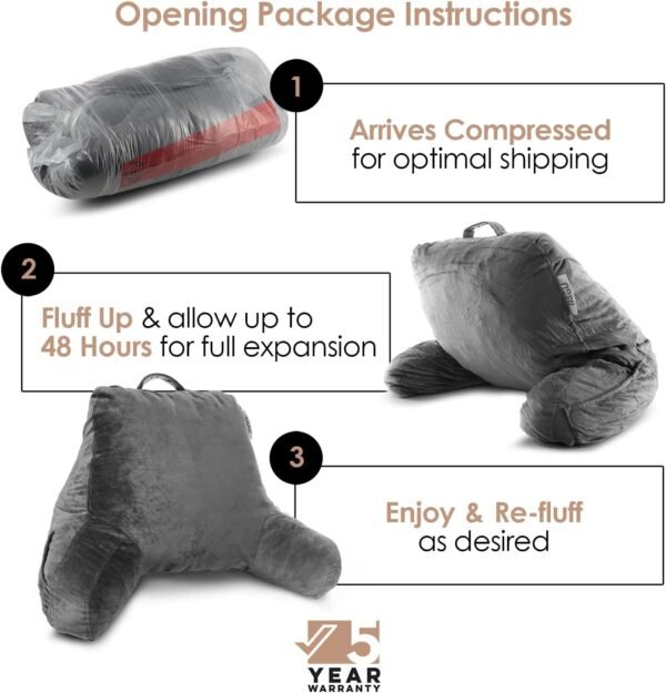 Nestl Reading Pillow Standard Bed Pillow, Back Pillow for Sitting in Bed Shredded Memory Foam Chair Pillow, Reading & Bed Rest Pillows Grey Back Pillow for Bed, Bed Chair Arm Pillow with Pockets