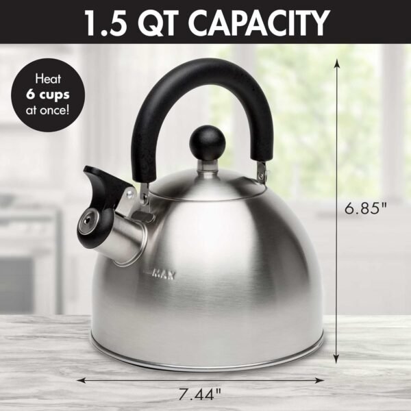 71wB5f0LU5L._AC_SL1500_.jpg Primula Stewart Whistling Stovetop Tea Kettle Food Grade Stainless Steel, Hot Water Fast to Boil, Cool Touch Folding, 1.5-Quart, Brushed with Black Handle