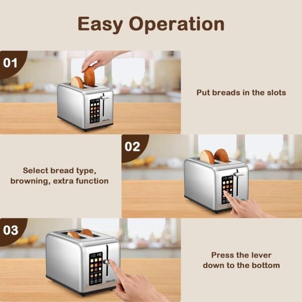 71wkLtxNlKL._AC_SL1500_.jpg Mecity 2 Slice Toaster Touch Screen 1.5" Wide Slot, Stainless Steel Smart Bread Toaster for Bagel Muffin Waffle Gluten Free Breads, Timer, Defrost, Reheat, 120V 825W