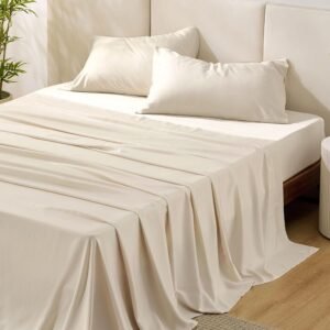 812yYqkf0UL._AC_SL1500_.jpg Bedsure King Size Sheet Sets, Cooling Sheets for Hot Sleepers, Rayon Derived from Bamboo, Breathable & Soft Deep Pocket Up to 16 Inches, Hotel Luxury Silky Bedding, Bedsheet & Pillowcases, Light Beige