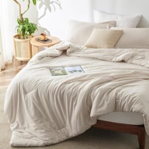 8186cKomgQL._AC_SL1500_.jpg Bedsure Queen Comforter Set - Beige Soft Bedding for All Seasons, Cationic Dyed Bed Set, 3 Pieces, 1 Queen Size Comforter (90"x90") and 2 Pillow Shams (20"x26"+2")