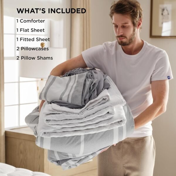 818MI11z04L._AC_SL1500_.jpg Bedsure Queen Comforter Set 7 Pieces, Grey Striped Bedding Set for Queen Size Bed Reversible, Cationic Dyeing Bed in a Bag with Comforter, Sheets, Pillowcases & Shams