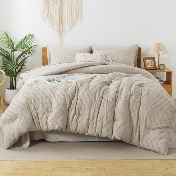 81A2LDd3yyL._AC_SL1500_.jpg Litanika Comforter King Size Set with Sheets Beige - 7 Pieces Bed in a Bag King Chevron Tufted Complete Beddding Sets with Comforter, Sheets, Pillowcases & Shams