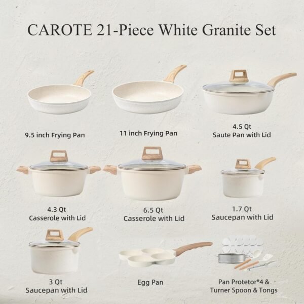 81AmKXATBZL._AC_SL1500_.jpg CAROTE 21Pcs Pots and Pans Set, Nonstick Cookware Sets, White Granite Induction Cookware Non Stick Cooking Set w/Frying Pans & Saucepans(PFOS, PFOA Free)