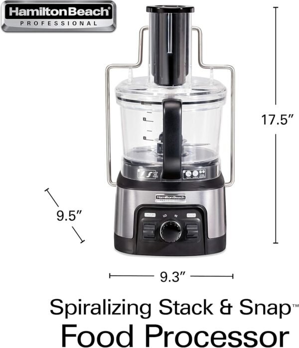 81B37zZozaL._AC_SL1500_.jpg Hamilton Beach Professional Stack & Snap Food Processor & Veggie Spiralizer for Slicing, Shredding and Kneading, Extra-Large 3" Feed Chute Fits Whole Vegetables, 12 Cups, Stainless Steel (70815)
