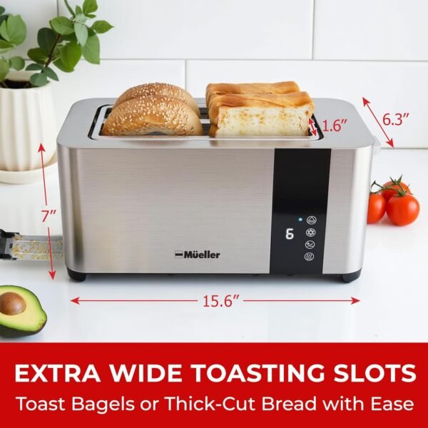 81Bf-S5WllL._AC_SL1500_.jpg Mueller UltraToast Full Stainless Steel Toaster 4 Slice, Long Extra-Wide Slots for Bagels and Waffles, 6 Browning Levels, LED Display, Cancel/Defrost/Reheat Functions & Removable Tray, Kitchen Gadgets