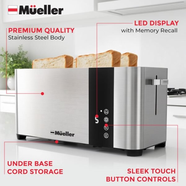 81BgcmVxT4L._AC_SL1500_.jpg Mueller UltraToast Full Stainless Steel Toaster 4 Slice, Long Extra-Wide Slots for Bagels and Waffles, 6 Browning Levels, LED Display, Cancel/Defrost/Reheat Functions & Removable Tray, Kitchen Gadgets