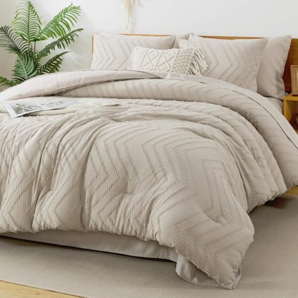 81BzeBczZ1L._AC_SL1500_.jpg Litanika Comforter King Size Set with Sheets Beige - 7 Pieces Bed in a Bag King Chevron Tufted Complete Beddding Sets with Comforter, Sheets, Pillowcases & Shams