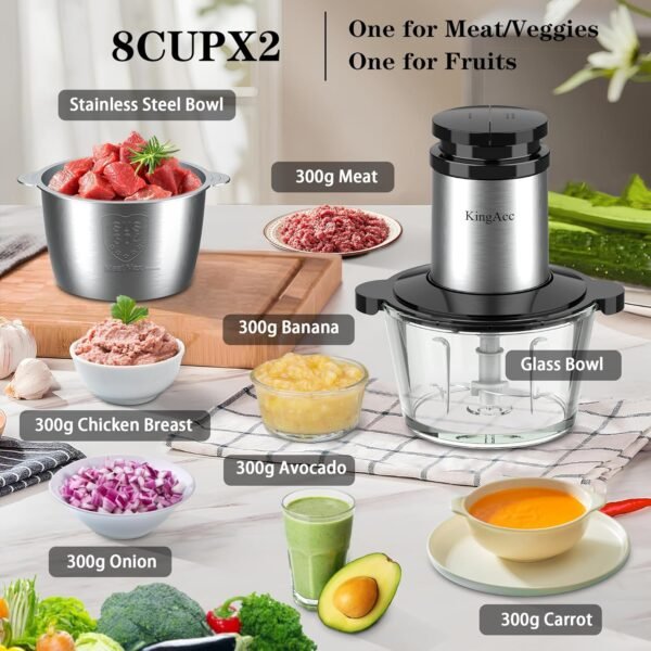 81DC8Nix3nL._AC_SL1500_.jpg KingAcc Food Processor - 500W Powerful Motor Electric Meat Grinder, 2 Stainless Steel Bowls (8 Cup Each) & 2 Blades - Multi-Function Chopper for Meat, Vegetables, Baby Food, Home Kitchen Use