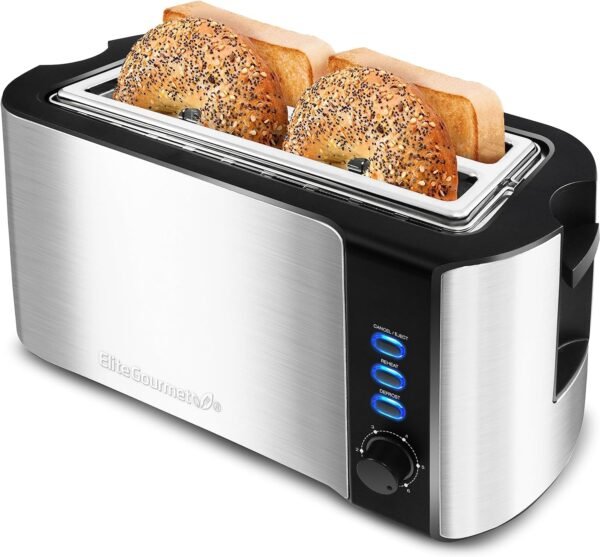 81Go5X4RJgL._AC_SL1500_.jpg Elite Gourmet ECT-3100 Long Slot 4 Slice Toaster, Reheat, 6 Toast Settings, Defrost, Cancel Functions, Built-in Warming Rack, Extra Wide Slots for Bagels & Waffles, Stainless Steel & Black