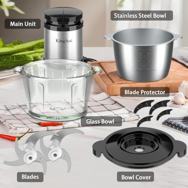 81HBnEMzGbL._AC_SL1500_.jpg KingAcc Food Processor - 500W Powerful Motor Electric Meat Grinder, 2 Stainless Steel Bowls (8 Cup Each) & 2 Blades - Multi-Function Chopper for Meat, Vegetables, Baby Food, Home Kitchen Use